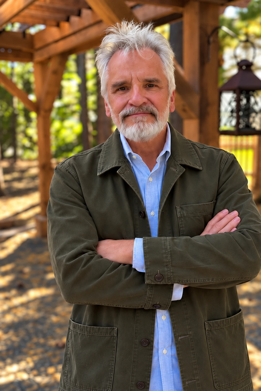 Kevin Murphy in an olive jacket and chambray blue shirt beneath his timber pergola